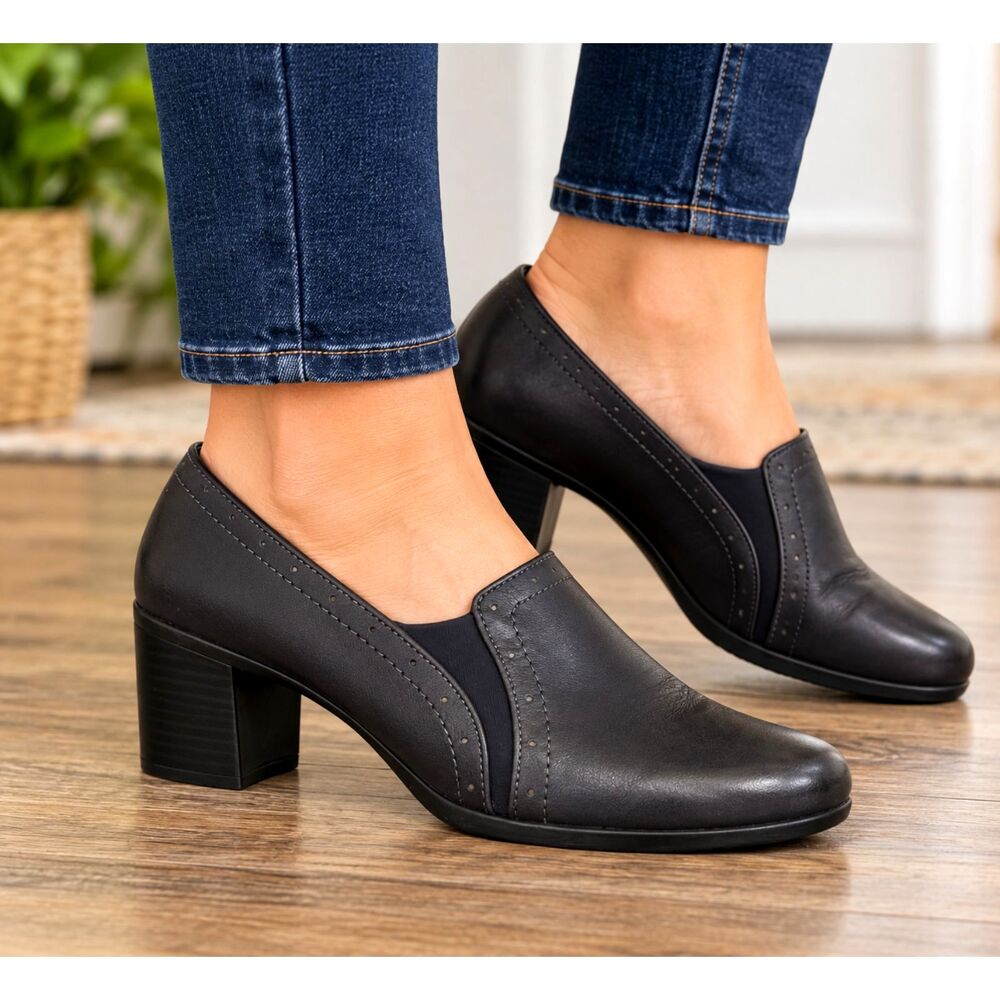 Easy Spirit Anti-Gravity Women 9W Black Leather Slip On Block Heel Comfort Shoes